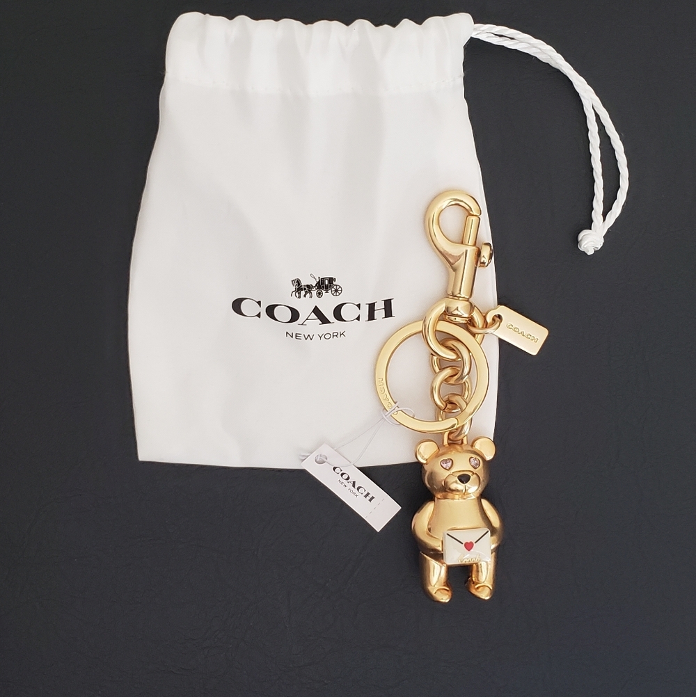 COACH 3D Bear Love Letter Bag Charm Keychain Gold Heart NWT + Dust Bag